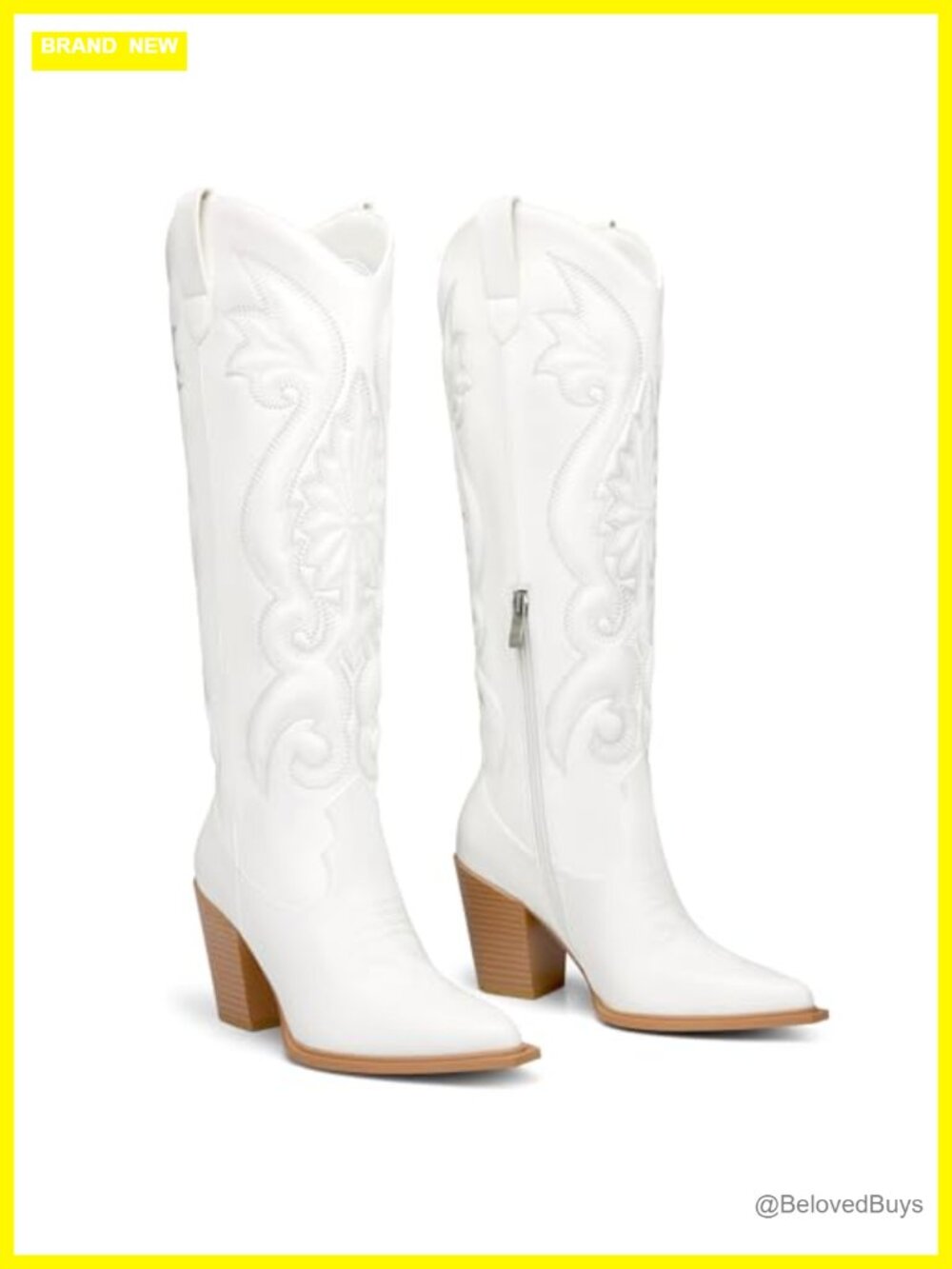 Western Cowboy Boots Women Wide Calf Knee High Pointed Toe Chunky Heel Zipper